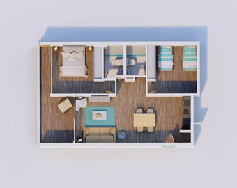 May include: A floor plan of a two-bedroom apartment with a living room, dining room, kitchen, and two bathrooms. The apartment has a light wood floor and white walls.