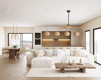 May include: A white sectional sofa with a wooden coffee table in a modern living room with large windows. The room has a light and airy feel with a neutral color palette.