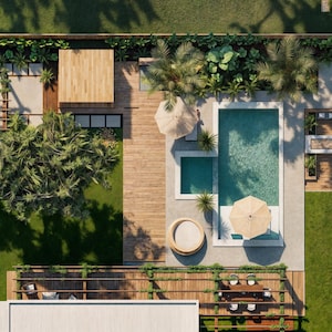 May include: An aerial view of a modern backyard with a swimming pool, patio, and lush landscaping. The design includes a rectangular pool, a smaller spa, wooden decking, and a dining area. Green grass and various plants surround the space, creating a relaxing outdoor environment.