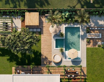 May include: An aerial view of a modern backyard with a swimming pool, patio, and lush landscaping. The design includes a rectangular pool, a smaller spa, wooden decking, and a dining area. Green grass and various plants surround the space, creating a relaxing outdoor environment.