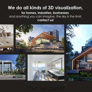 May include: A collection of 3D visualizations showcasing different architectural designs. The images include a modern apartment building, a contemporary bathroom, a dining room with a wooden table and chairs, a large commercial building, and a modern house with a wooden exterior.