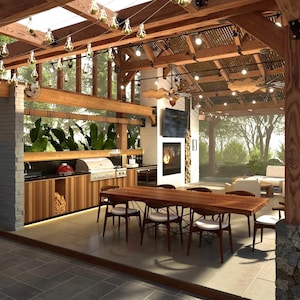 May include: A covered outdoor patio with a wooden pergola, string lights, a fireplace, a dining table with chairs, and a built-in outdoor kitchen with a grill.