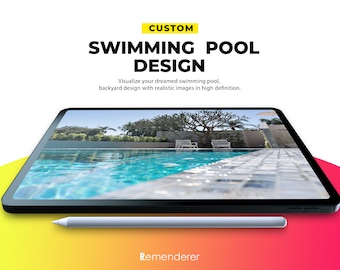 May include: A black tablet computer displaying a rendering of a swimming pool with a blue tiled edge and a blue water surface. The tablet is on a yellow and red gradient surface with a silver stylus next to it. The text "CUSTOM SWIMMING POOL DESIGN" is displayed above the tablet.