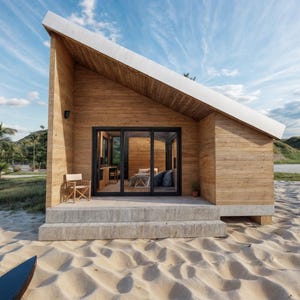 Puede incluir: Una casa de playa moderna de madera con techo inclinado y grandes puertas de vidrio. La casa está situada en una playa de arena con palmeras y una tabla de surf en primer plano. El cielo es azul con nubes.