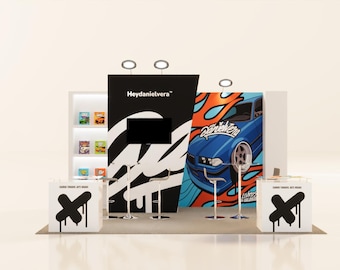 May include: A trade show booth display featuring a black central panel with the text Heydanielvera, a white X logo on two square counters, and a large graphic panel showing a blue car with orange flames and the text Danielvera.