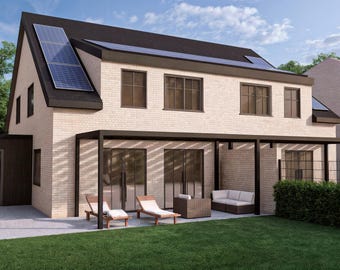 May include: A two-story house with a light brick exterior, black roof, and solar panels. The house has multiple windows and a covered patio area with lounge chairs and a sofa. The yard features green grass and a hedge.