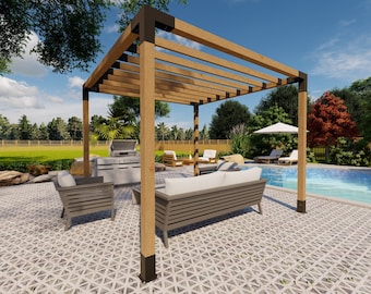 May include: Outdoor patio scene featuring a wooden pergola with a slatted roof, a seating area with gray furniture, and a swimming pool. The patio has a patterned tile floor. A grill and lounge chairs are also visible.