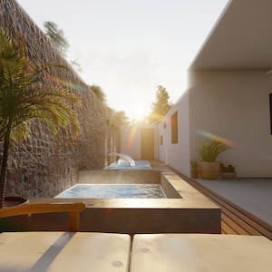 Könnte beinhalten: Blick auf einen modernen Außenbereich mit einer Steinmauer, einer Palme und einem Schwimmbecken. Der Pool ist von einer Holzterrasse und einem weißen Gebäude umgeben.