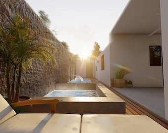 May include: A view of a modern outdoor space with a stone wall, a palm tree, and a swimming pool. The pool is surrounded by a wooden deck and a white building.