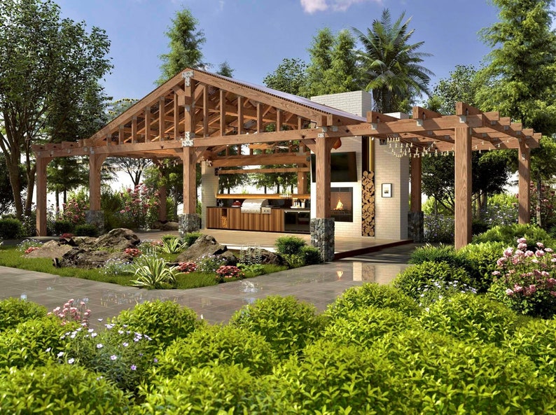 May include: A wooden pergola with a built-in outdoor kitchen and fireplace. The pergola is surrounded by lush greenery and a stone pathway.