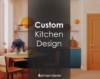 May include: A modern kitchen design with the text "Custom Kitchen Design." The image features a round wooden table with chairs, a blue cabinet, and a yellow pendant light. A vase of blue flowers and a bowl of fruit are on the table.