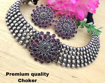 Kemp Stone Indian Choker, Oxidized Silver Necklace Set
