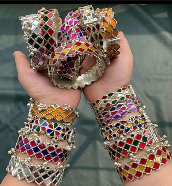 Afghani Mirror Bangles Indian Traditional Ethnic Op enable Kadas Mirror Jewelry Glass Bangles for Indian Handcuff Op enable Mirror Bangle