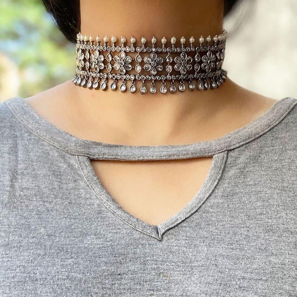 Indian Choker Jewelry Set ,Zircon Choker Set ,Antique  Necklace  Set, Oxidized Silver Jewelry, Gift for Women, Indian Trending set