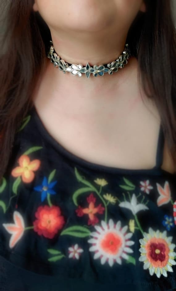 Handmade Indian Glass Choker Necklace Beautiful Work With Glass and Thread Work silver Look Alike Necklace for Women trendy Jewelry Etsy Canada