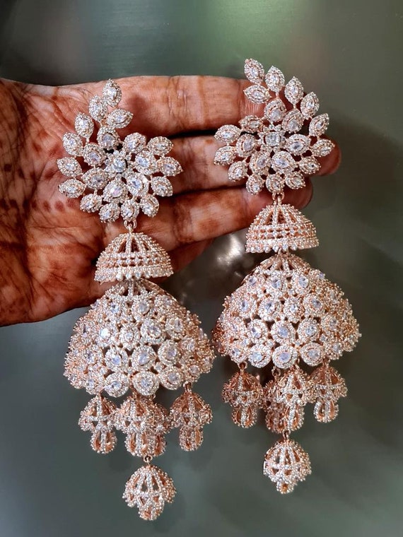 Zircon Diamond Long Jhumka Rose Gold Finish indian Jhumka Earring