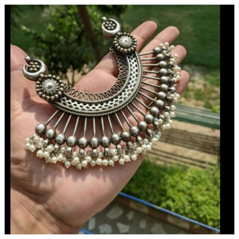 Indian Jewelry Silver looks Alike Big Pendant Set,Indian Jewelry,Trending Indian Necklace Big Pendant Long Tread set