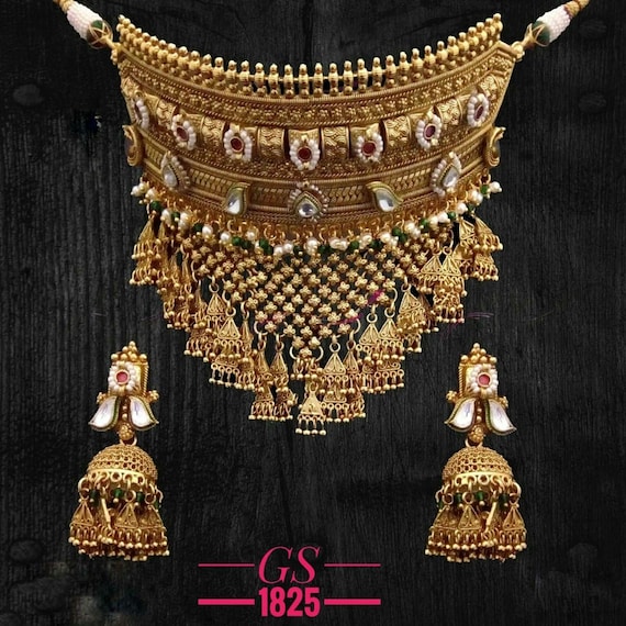 Traditional Rajasthani gold choker Indian choker Tribal Ethnic Jewelry Trending Bridal jewelry ahmedabadi kundan Necklace set