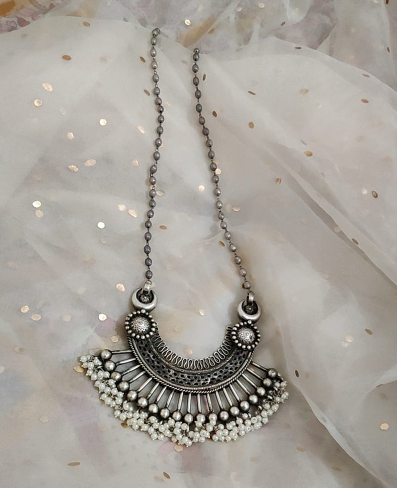 Indian Jewelry Silver looks Alike Big Pendant Set,Indian Jewelry,Trending Indian Necklace Big Pendant Long Tread set