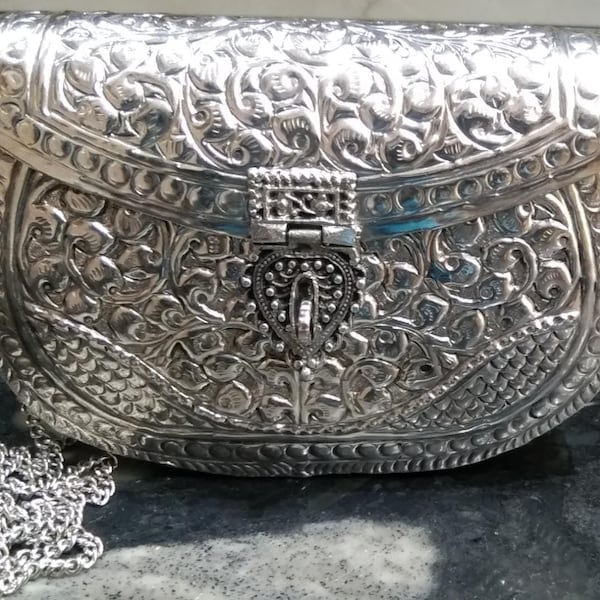 German Silver Purse,Unique Metal Clutch Purse from the Indian Craftsmen, Handmade Vintage Hand Clutch.