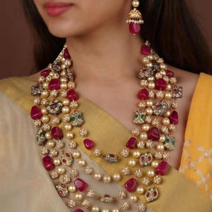 Indian Antique Jewelry , Multi Layer Long Beads Necklace with Earrings , Long Indian Necklace, Long Kundan Necklace, Sabyasachi Jewelry