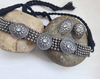 Oxidized German Silver Indian Necklace, Tribal Boho Jewelry