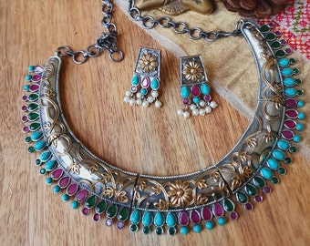 Kemp Stone Hasli Necklace Set, German Silver Indian Jewelry