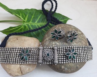 Kemp Stone German Silver Choker Set, Traditional Indian Jewelry