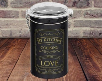 Vintage Black Metal Kitchen Canister, Coffee, Tea, Sugar Storage, Farmhouse Decor