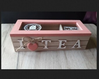 Wooden Tea Box with Pink Glass Window - 3 Compartments, Tea Bag Organizer, Perfect Gift for Tea Lovers