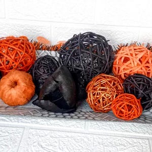 Set of 10 Decorative Balls , Pumpkin & Flower Accents, Halloween Décor, Fall Home Décor