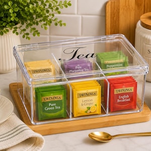 Clear Plastic Tea Bag Organizer Box, 6 Compartment