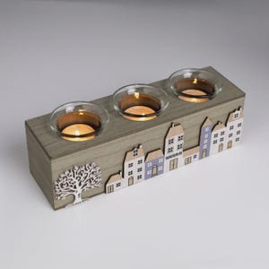 Portavelas de madera con 3 compartimentos para velas de té, decoración de mesa y regalo de inauguración de la casa.