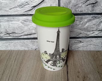 Paris Ceramic Coffee Tumbler, Eiffel Tower Travel Mug, Paris Lover Gift & Souvenir