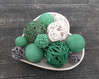 Handmade Decorative Ball Set, Rustic Bowl Filler, Green White Grey