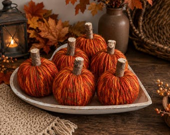 Handmade Yarn Pumpkins, Rustic Fall Decor, Set of 6