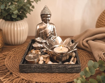 Buddha Statue & Lotus Tea Light Holder Set – Zen Altar Decor