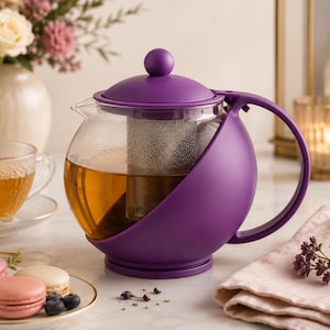 May include: A glass teapot with a purple plastic frame, handle, and lid. The teapot features a central cylindrical metal mesh infuser filled with tea leaves and contains amber-colored tea. The design includes a rounded base and a curved handle.