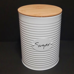 Vintage White Sugar Canister with Lid, Farmhouse Kitchen Decor, Tin Sugar Box