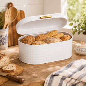 White Metal Bread Box with Gold Handle, Kitchen Bread Storage Bin