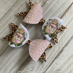 Baby Animal Two Wild Birthday Pigtail Hair Bow Set, Pink and Cheetah, Two Wild Birthday Hair Clips 2nd Birthday Piggies