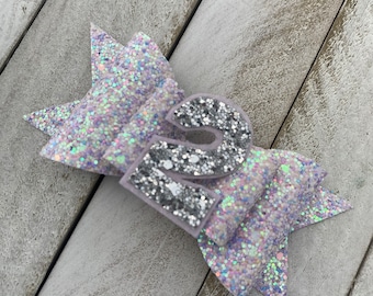 Pale Pink Iridescent  Birthday Hair Clip, Hair Bow, With Birthday Number, Girls Birthday Gift, Girls Party Bow