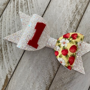 Strawberry Hair Bow, Berry 1st Birthday, Glitter Bow, Hair Clip or Headband