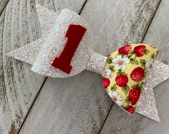 Strawberry Hair Bow, Berry 1st Birthday, Glitter Bow, Hair Clip or Headband