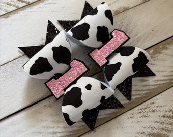 Holy Cow Birthday Pigtail Hair Bow Set, Cow Print and Pink Western Cowgirl Birthday Clips for One, Two, Three, Four Year Old Birthday