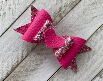 Valentines Day Hair Bow Pink Glitter Faux Leather Hair Clip Toddler Girls Headband Hair Tie
