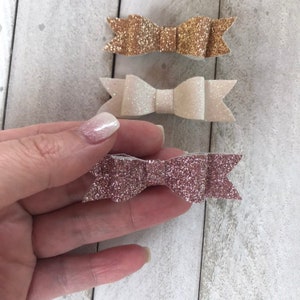 Set of 3 Small Gold Pink and White Glitter Bows Toddler Baby Hair Bows