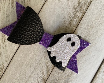 Halloween Ghost Hair Clip o diadema, lazo de pelo púrpura y negro