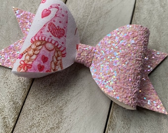 Valentines Gnome Hair Bow, Hair Clip, or Headband, Pink Gnome Hair Clip