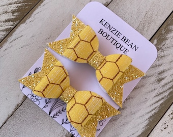Yellow Honeycomb Hair Bow Pigtails, Piggie Hairbows, Glitter Bee Hair Clips